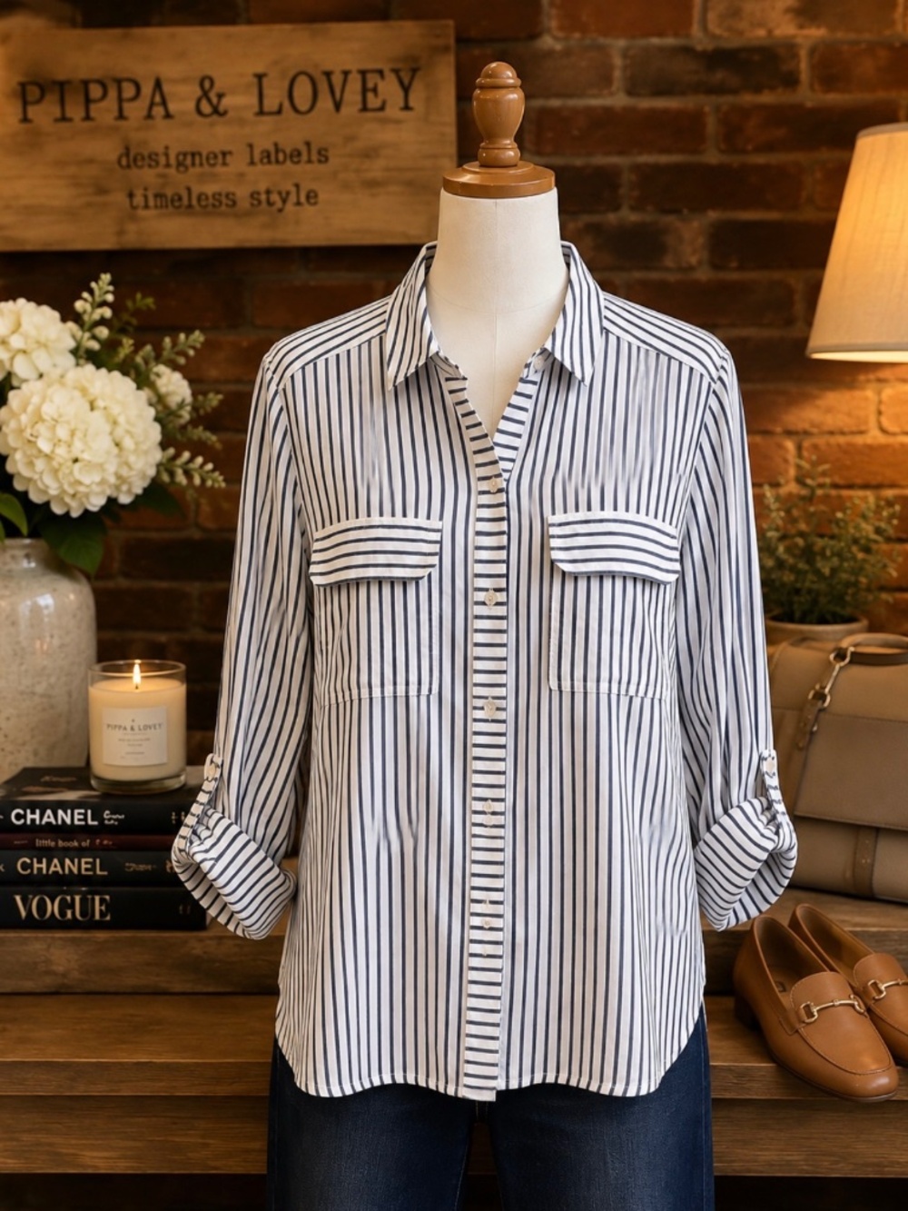 J.Jill Navy & White Striped Button-Front Blouse | Size M
